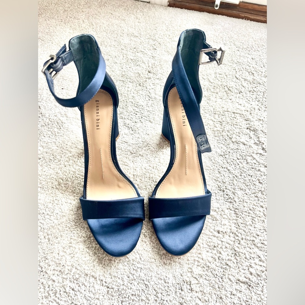 Gianni Bini Satin Navy Ankle Strap Block Heel Sandal